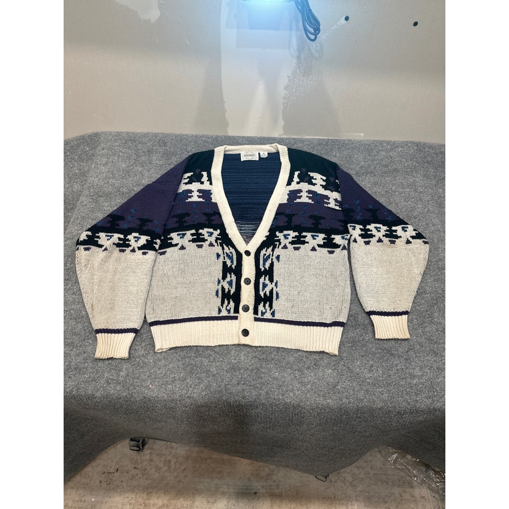Vintage 90s Code Zero Intensity Cardigan Sweater Men's XL Geometric Nordic Knit